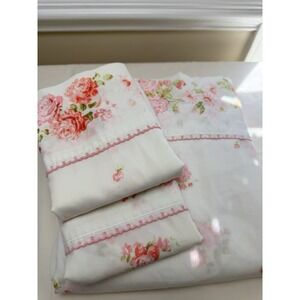 VTG 3 Pc JCPenney Muslin Pink Rose Flower Floral Full Flat Sheet Pillowcases